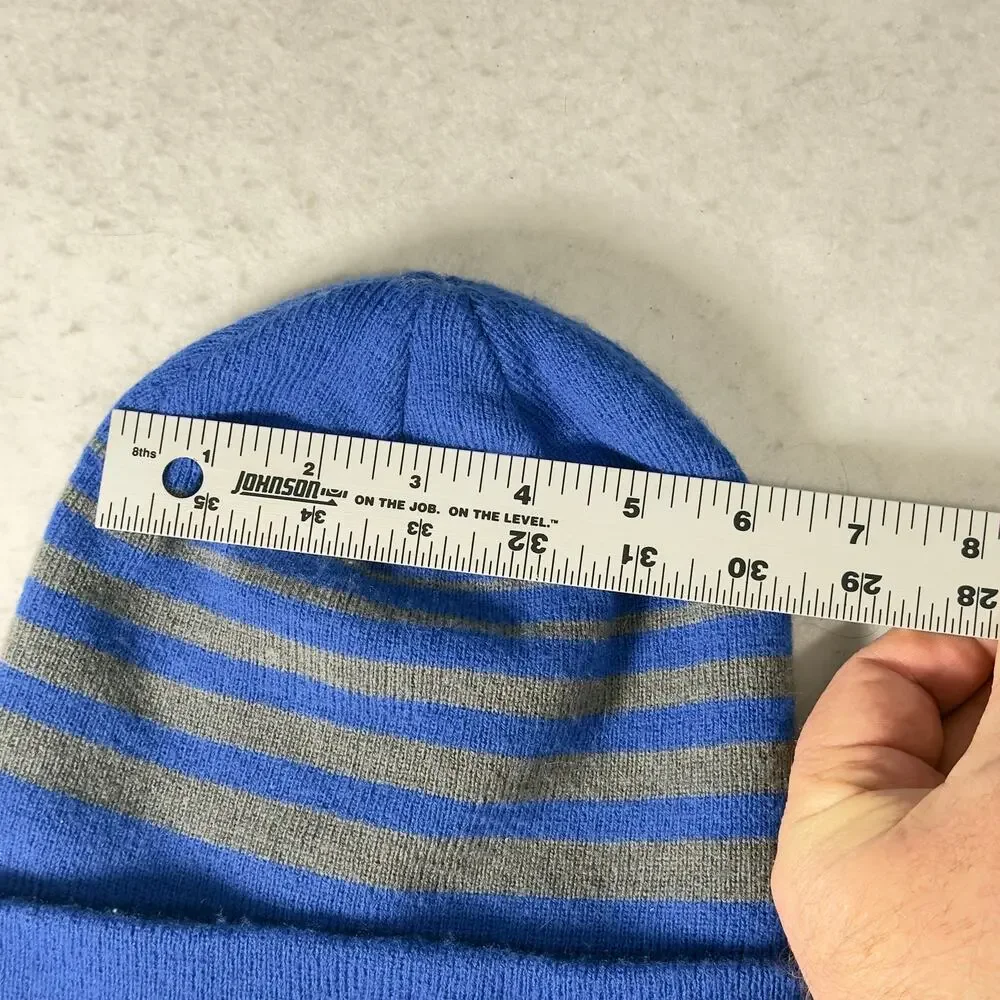 Nike Beanie Ski Hat Youth Blue Grey Stripe w/ Swoosh Logo Knit Cap Winter Cold